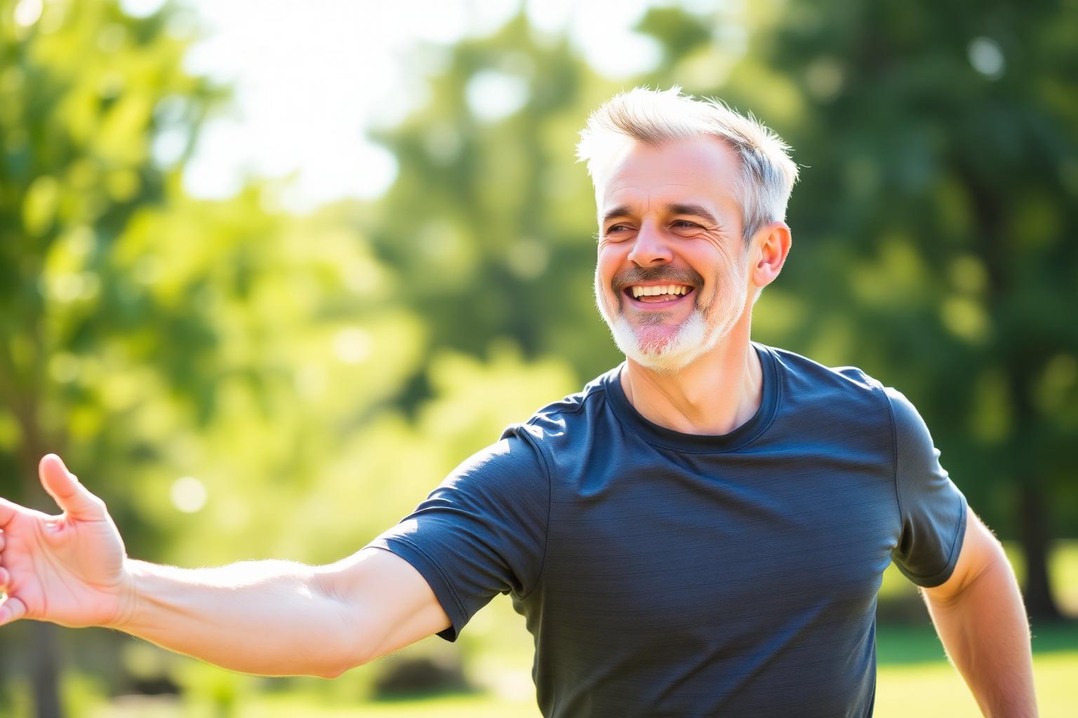 Adulto 35+ sorrindo após treino ao ar livre